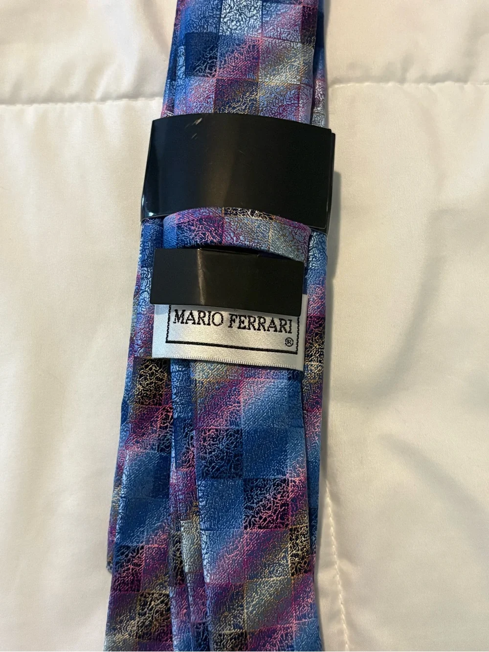 Mario Ferrari Tie Set Blue Purple Geometric Tie Pocket Square & Lapel Pin